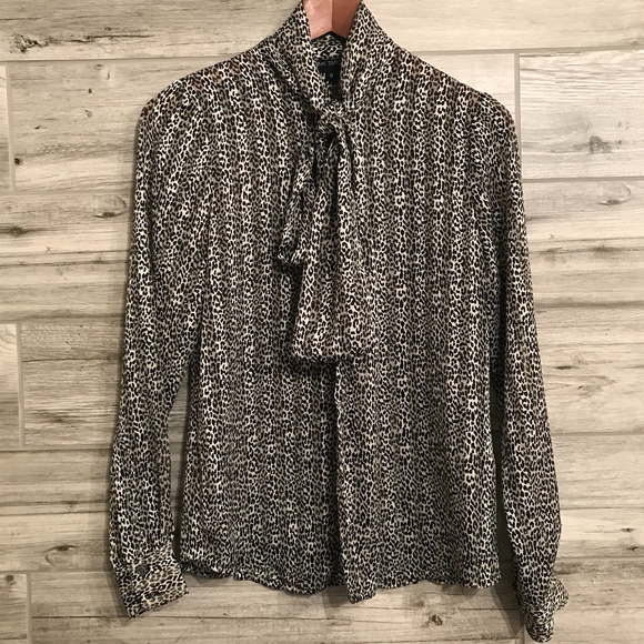 Pink Tartan Leopard Print Tie Neck Blouse Sz 0 XS - Picture 1 of 8